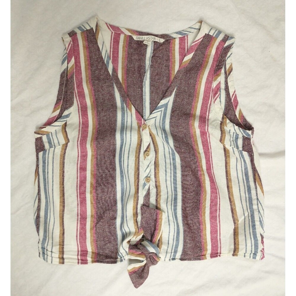 Vanilla Star Top Blouse L/M* Multicolor Stripe Linen Blend Sleeveless Coastal